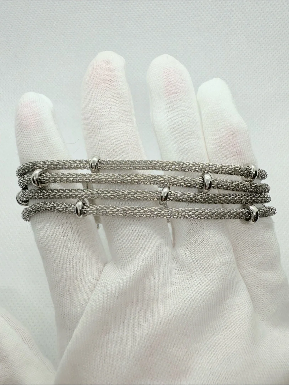 Anne Klein Silver Layered Mesh Bracelet with Polished Rings
